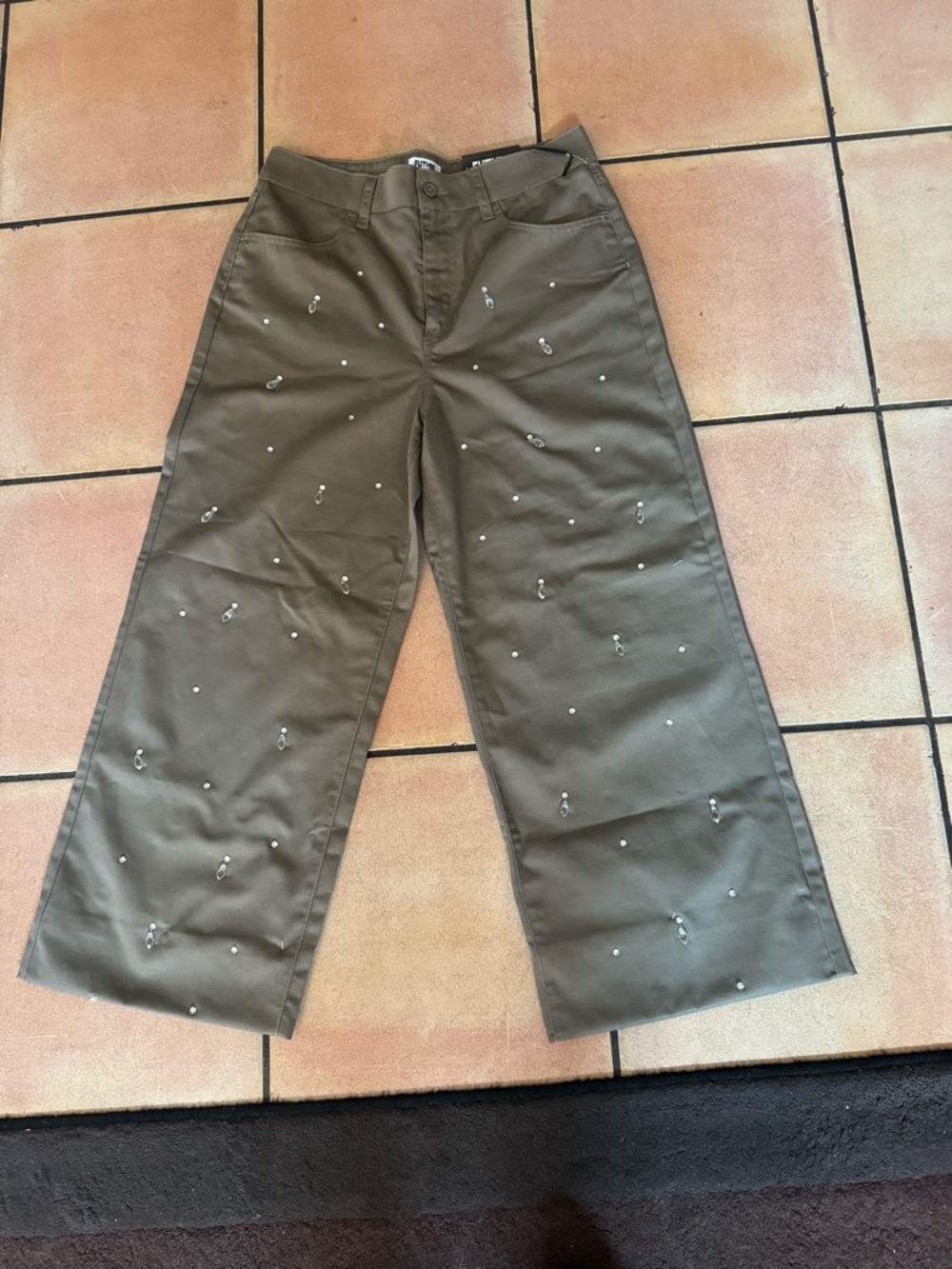 Future Collective Embellished Wide-Leg Pants-Olive Green
